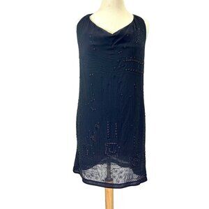 Vince Dress Women Size 6 Black Silk Embroidered Cowl Neck Embroidered Grommet